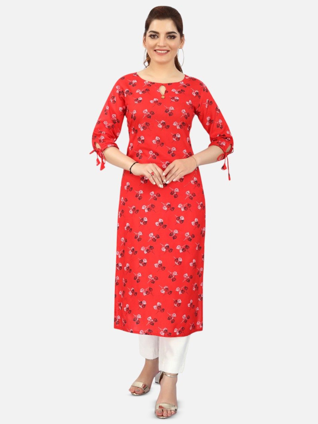 

Biyu Floral Printed Keyhole Neck Straight Kurta, Red