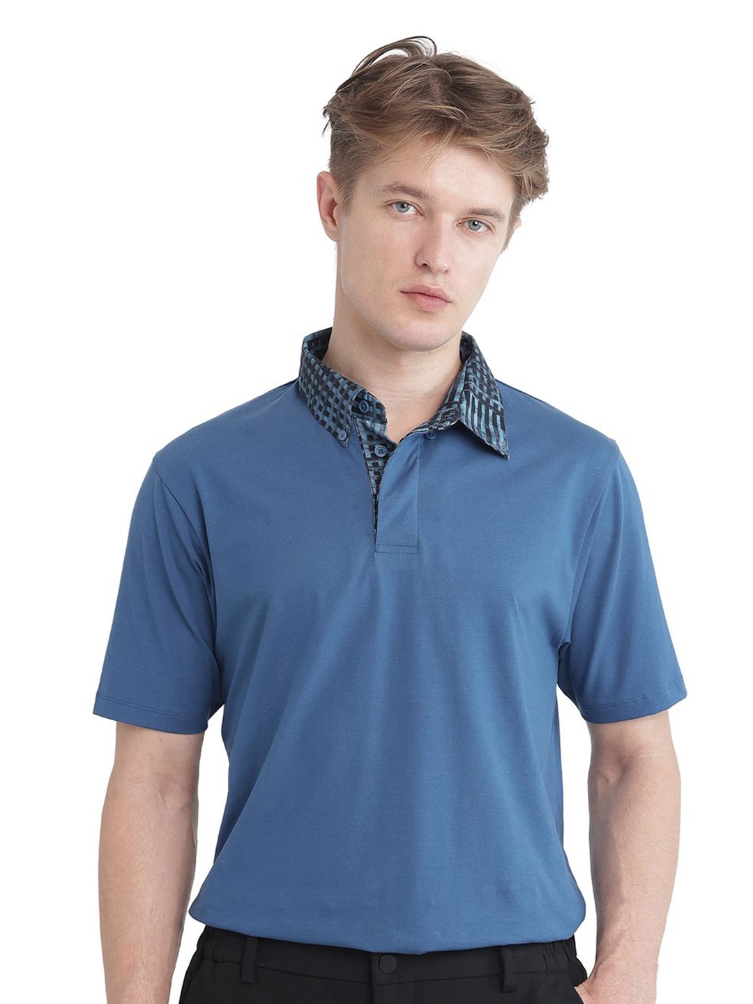 

RARE RABBIT Men Solid Polo Collar Cotton T-shirt, Blue