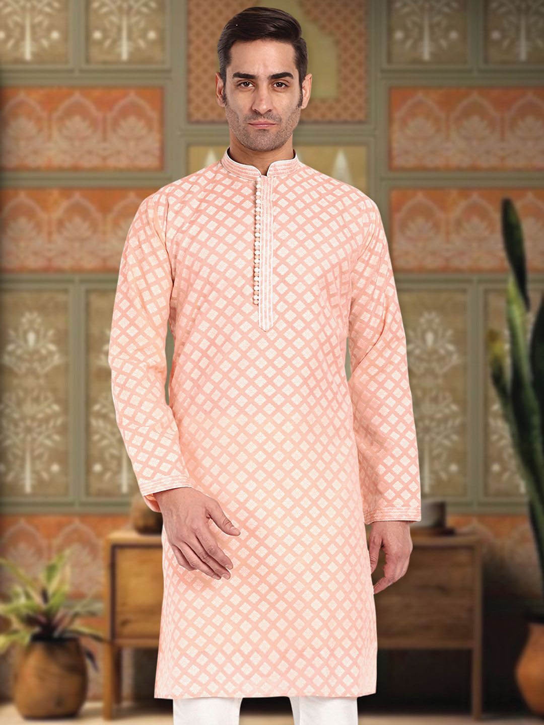 

Tesmare Floral Woven Design Mandarin Collar Banarasi Straight Kurta With Trouser, Peach