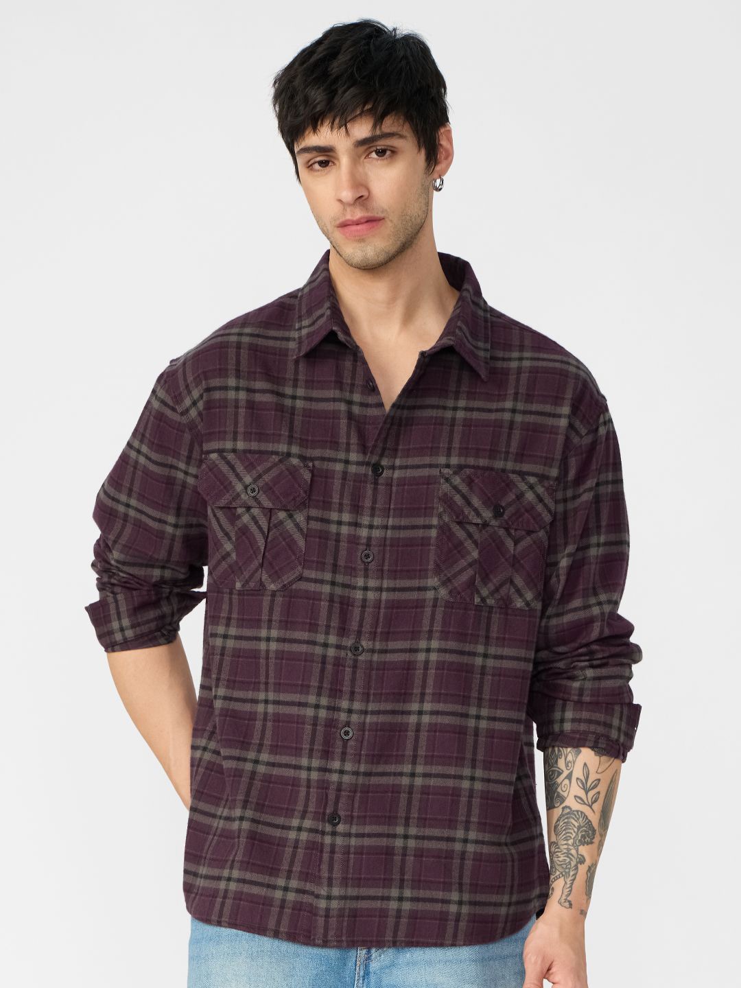 

The Souled Store Men Relaxed Oversized Fit Tartan Checked Cotton Casual Shirt, Burgundy