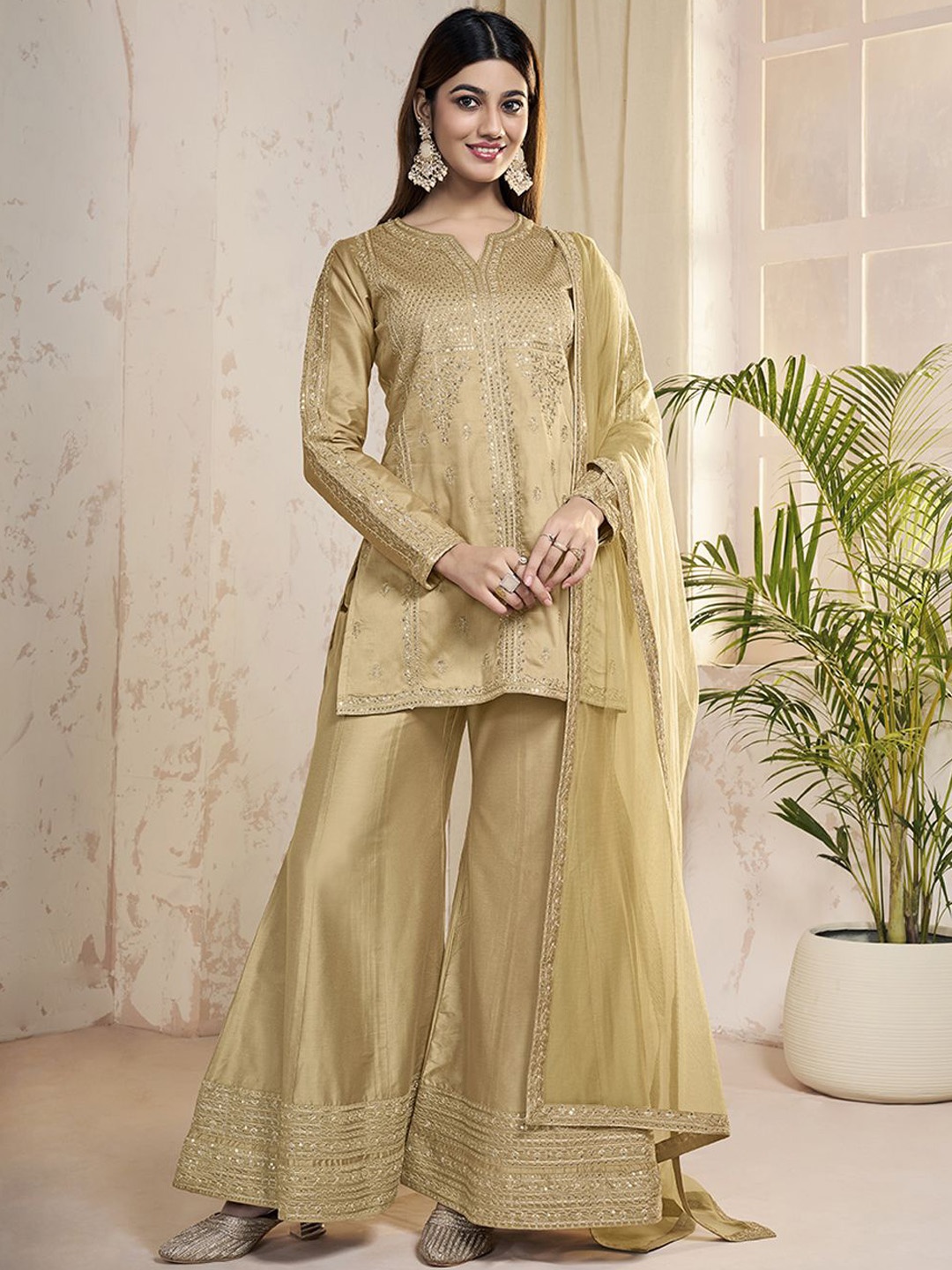 

Inddus Women Ethnic Motifs Embroidered Regular Sequinned Kurta with Sharara & With Dupatta, Beige