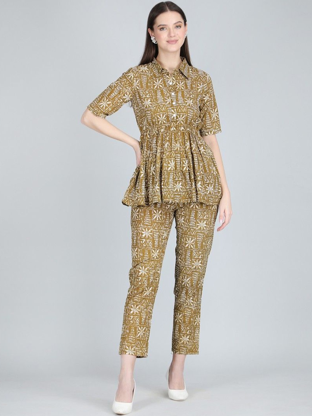 

ANANDITA Floral Printed Pure Cotton Shirt Collar Neck Tunic With Trouser, Brown