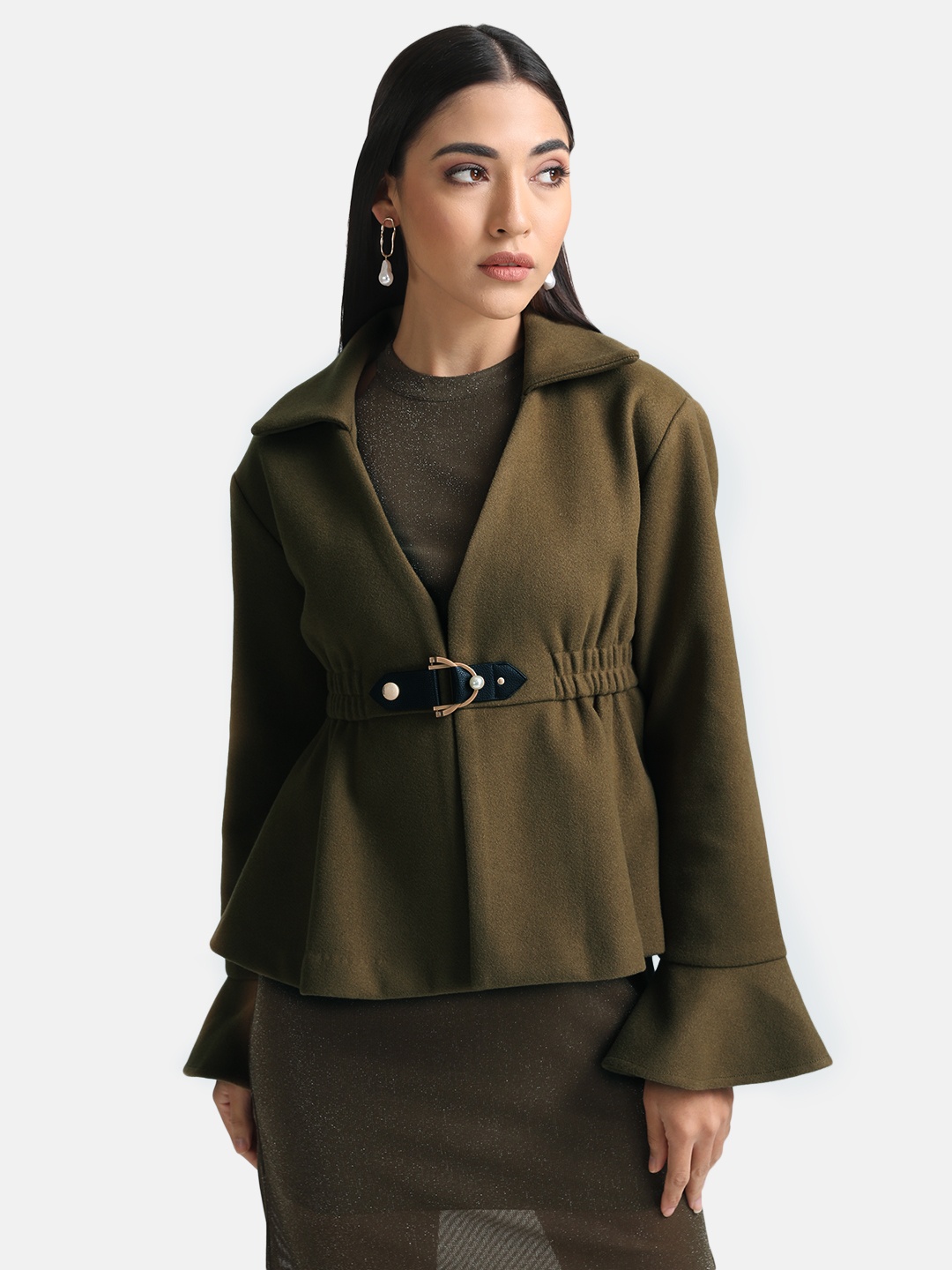 

Kazo Women Spread Collar Solid Casual Tailored Jacket, Olive