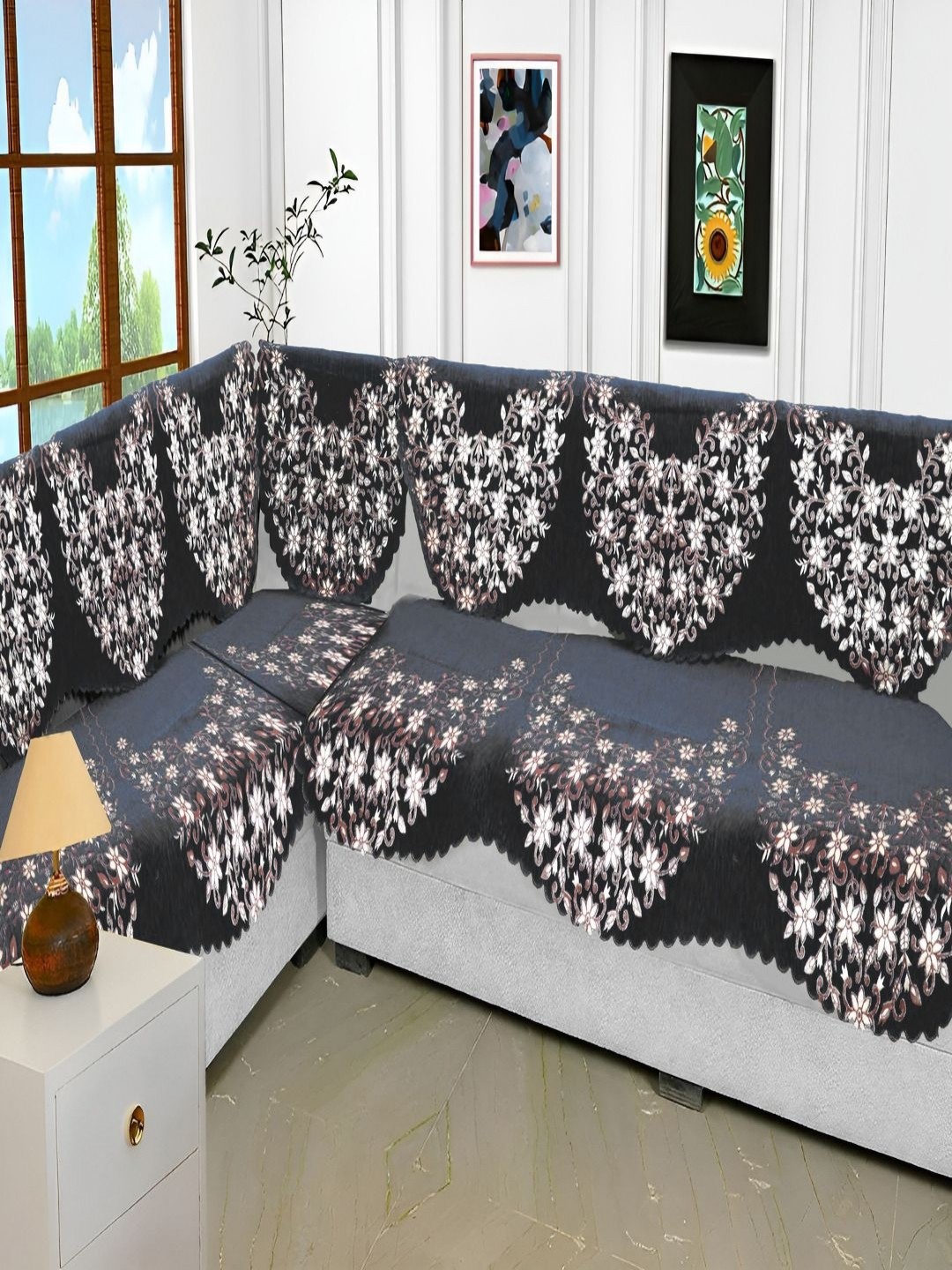 

Fashion Throw Grey & White 6 Pieces Printed 7-Seater Jacquard Sofa Covers