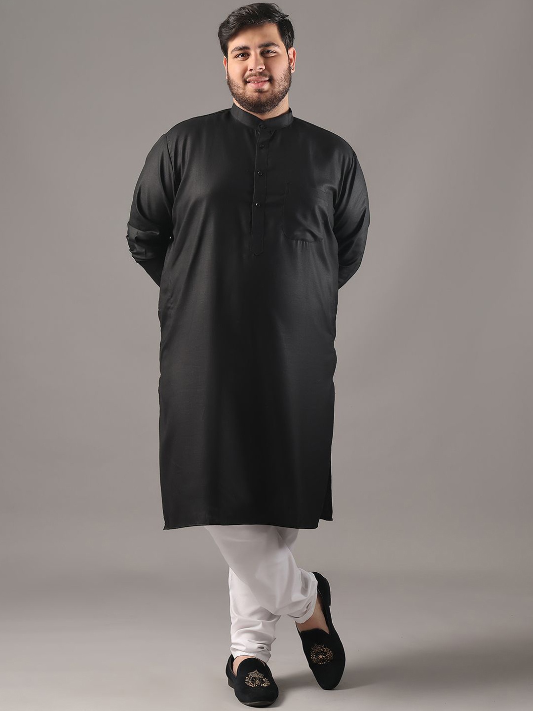 

SOJANYA PLUS Size Band Collar Cotton Straight Kurta, Black