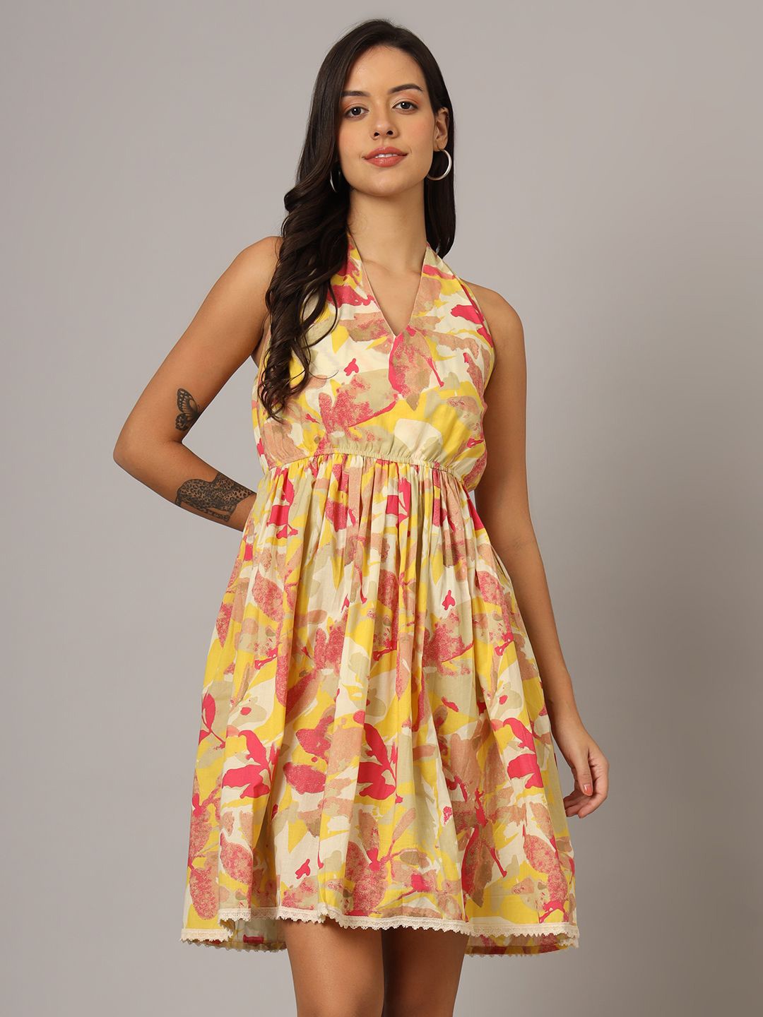 

JAPER KURTI Floral Print A-Line Dress, Yellow