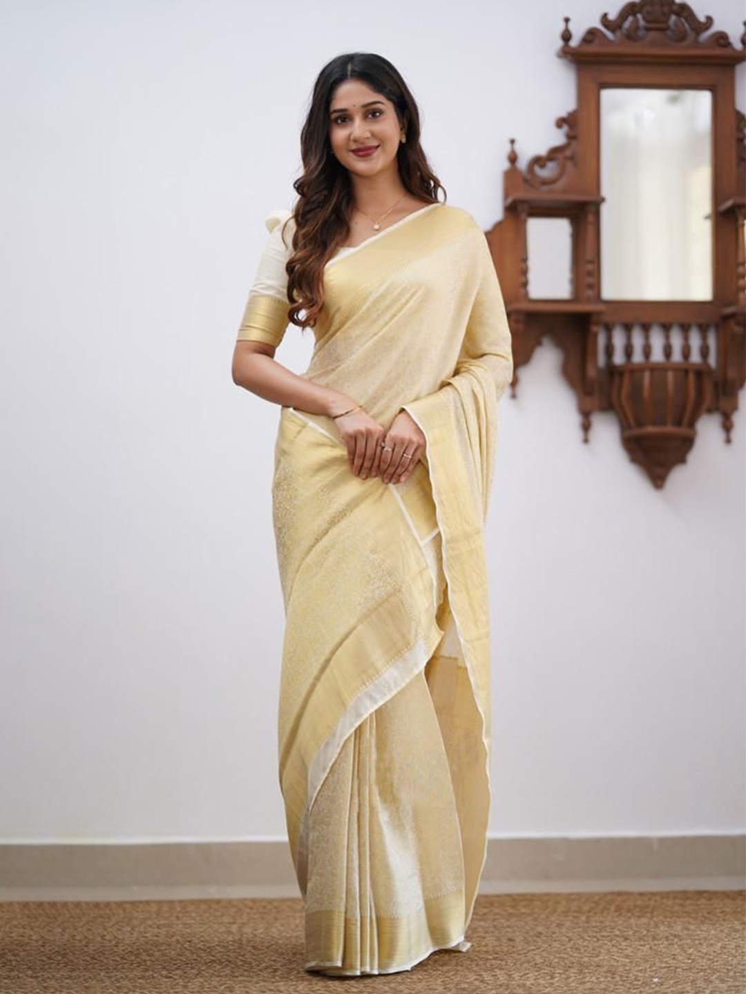 

Manu Designer Women Zari Saree With Blouse Piece, Cream