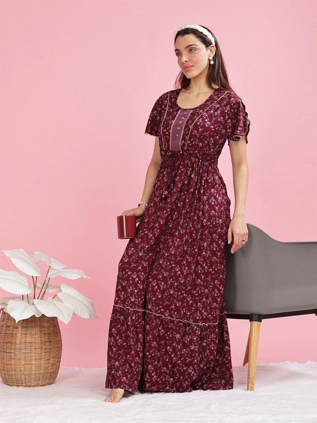 

9shines Label Women Printed Maxi Nightdress, Maroon