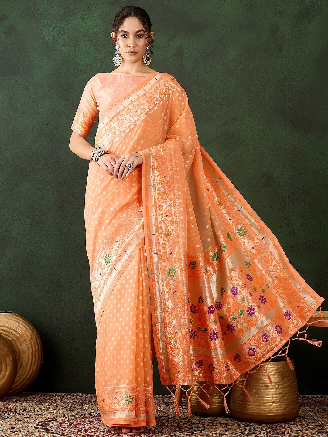 

KALINI Woven Design Zari Banarasi Saree, Orange