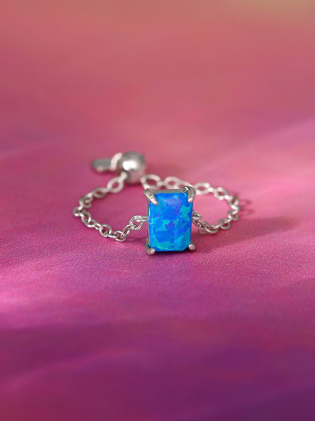 

GIVA 925 Silver Opal Stone Studded Rhodium-Plated Rectangle Chain Adjustable Finger Ring