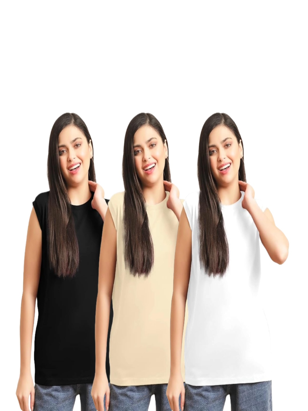 

NOTWILD Women Pack Of 3 Solid Sleeveless Cotton Longline T-shirts, Black