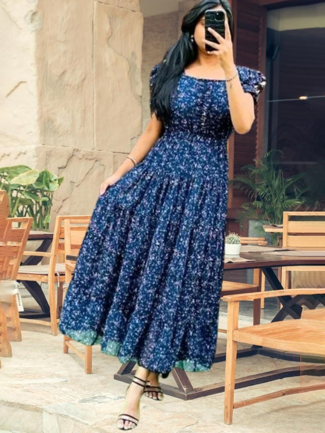 

JKP Collection Print Georgette Fit & Flare Maxi Dress, Blue