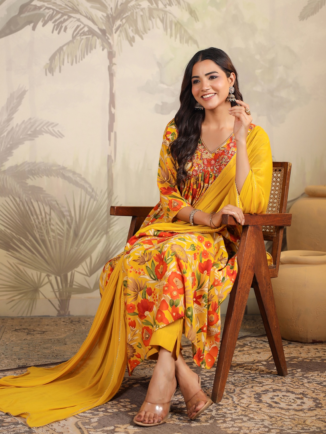 

Janasya Women Floral Printed Pleated Sequinned Kurta with Trousers & With Dupatta, Mustard