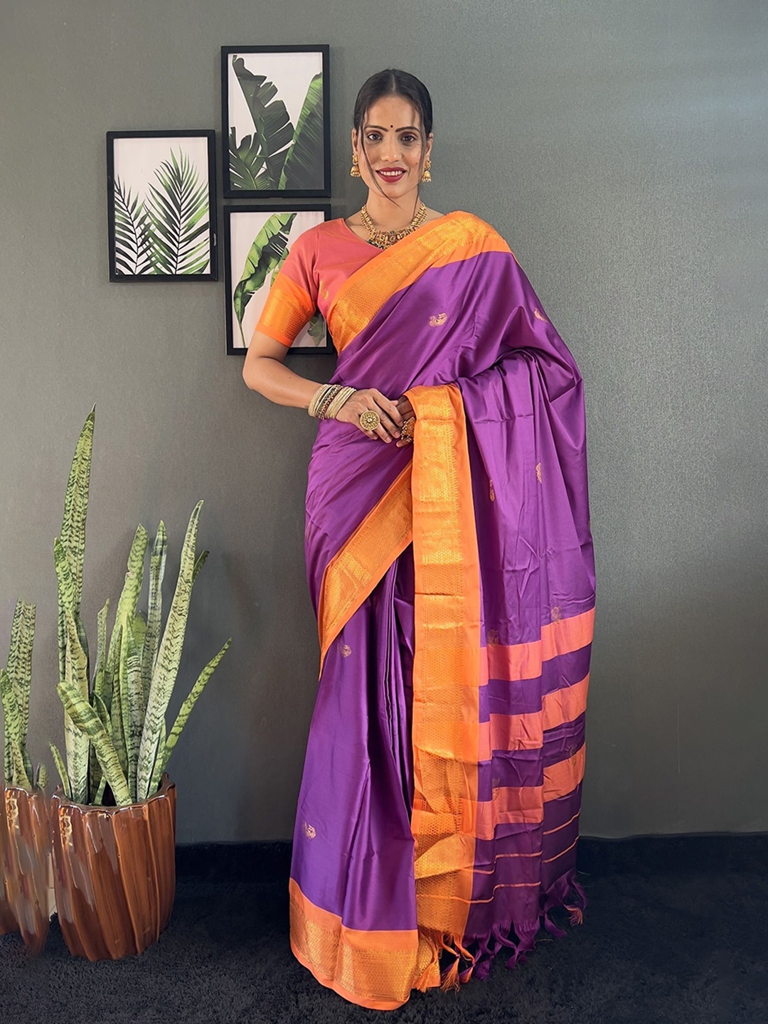 

A TO Z CART Woven Design Zari Silk Cotton Kanjeevaram Saree, Purple