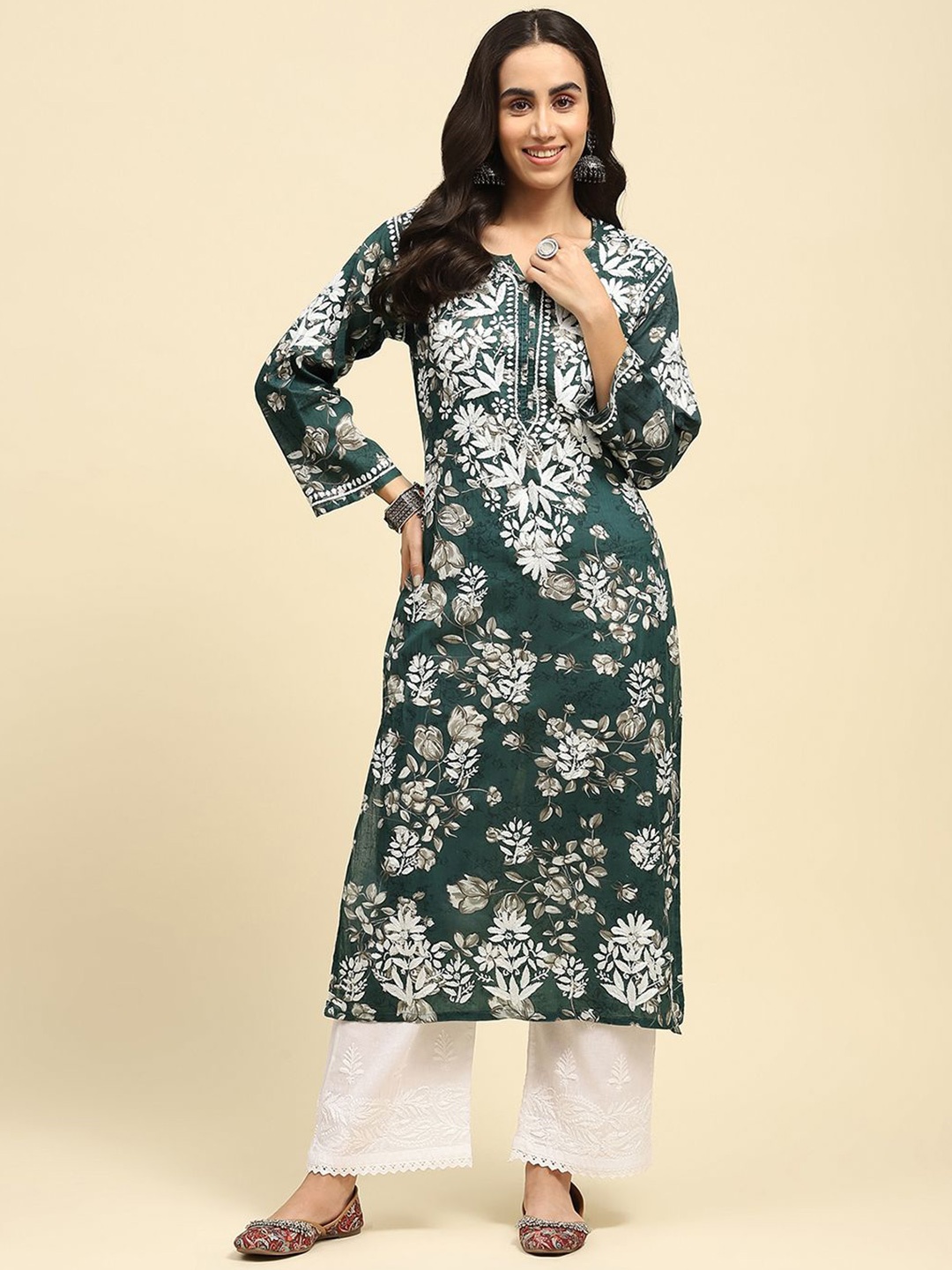 

House of Chikankari Floral Printed Chikankari Printed Kurta, Green