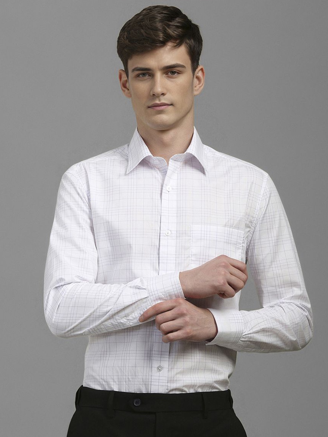 

Louis Philippe Men Classic Fit Spread Collar Checked Cotton Formal Shirt, White