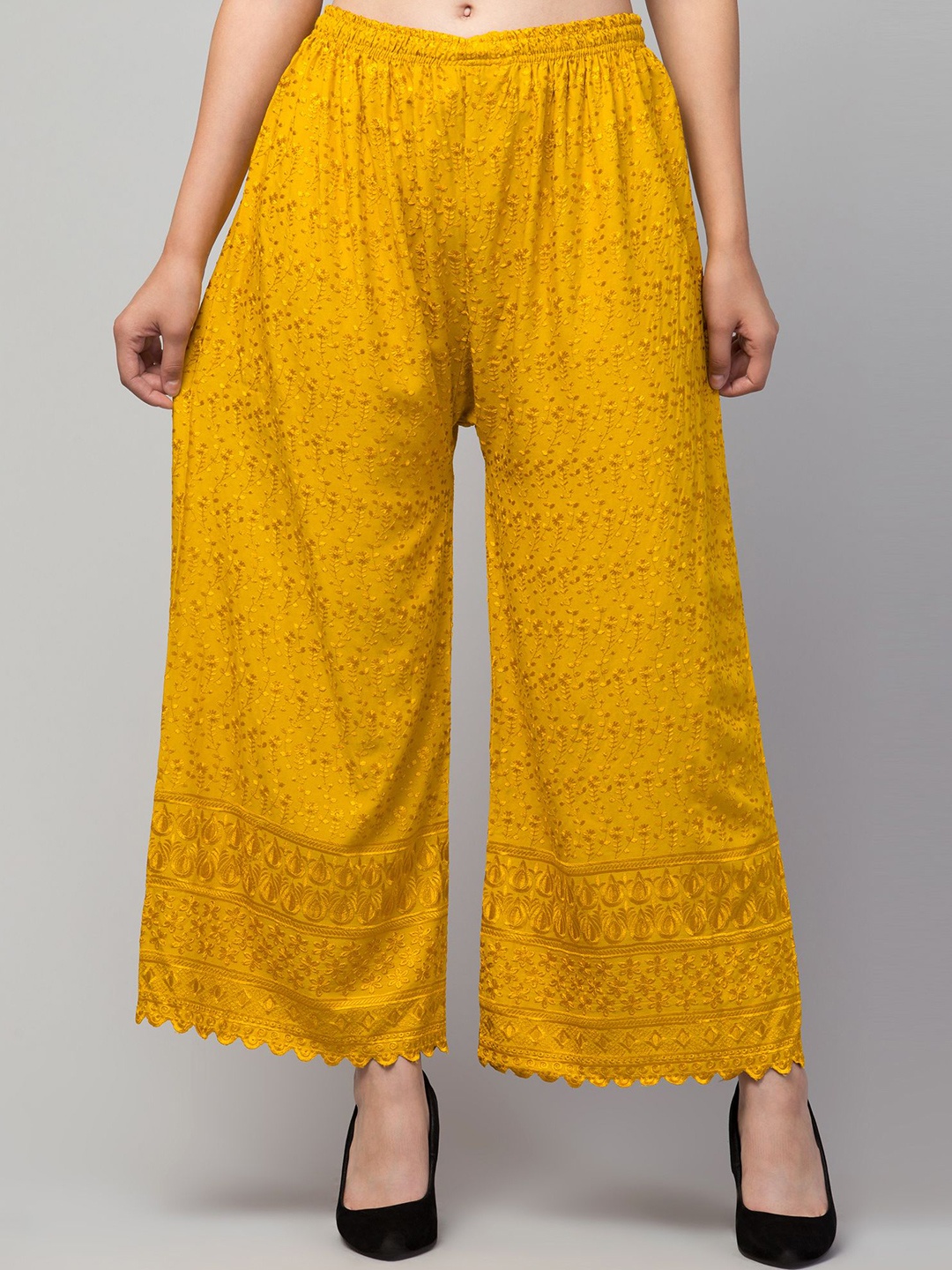 

FAMBEE Women Floral Embroidered Flared Knitted Palazzos, Yellow