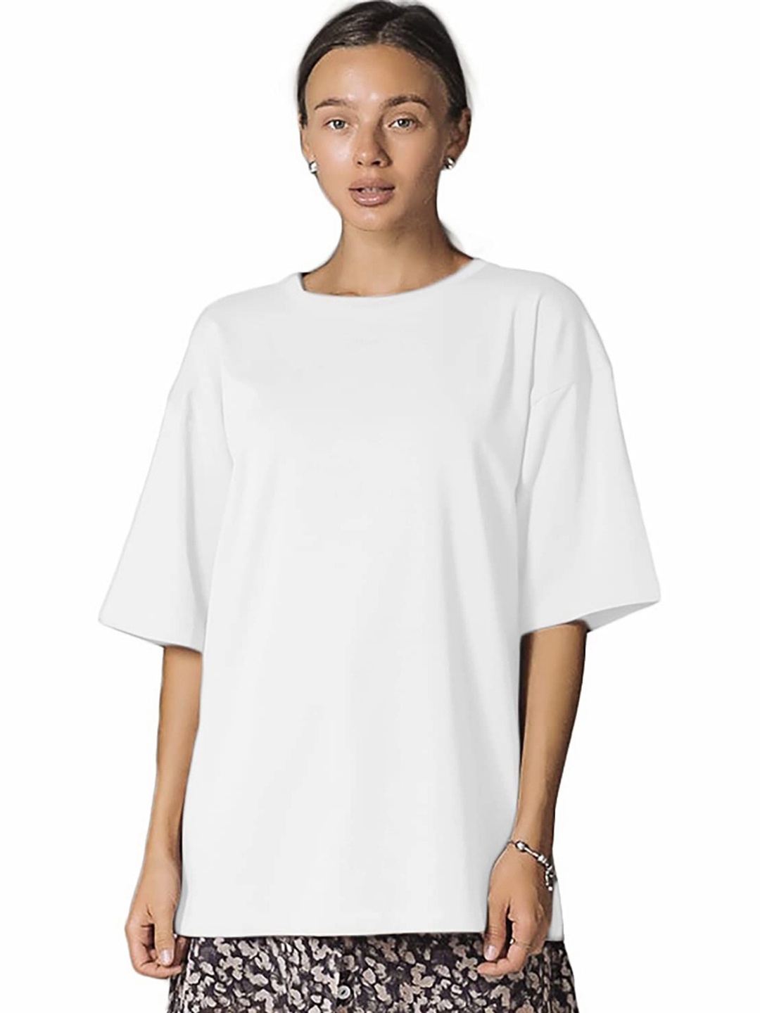 

NOTWILD Women Solid Round Neck Cotton T-shirt, White