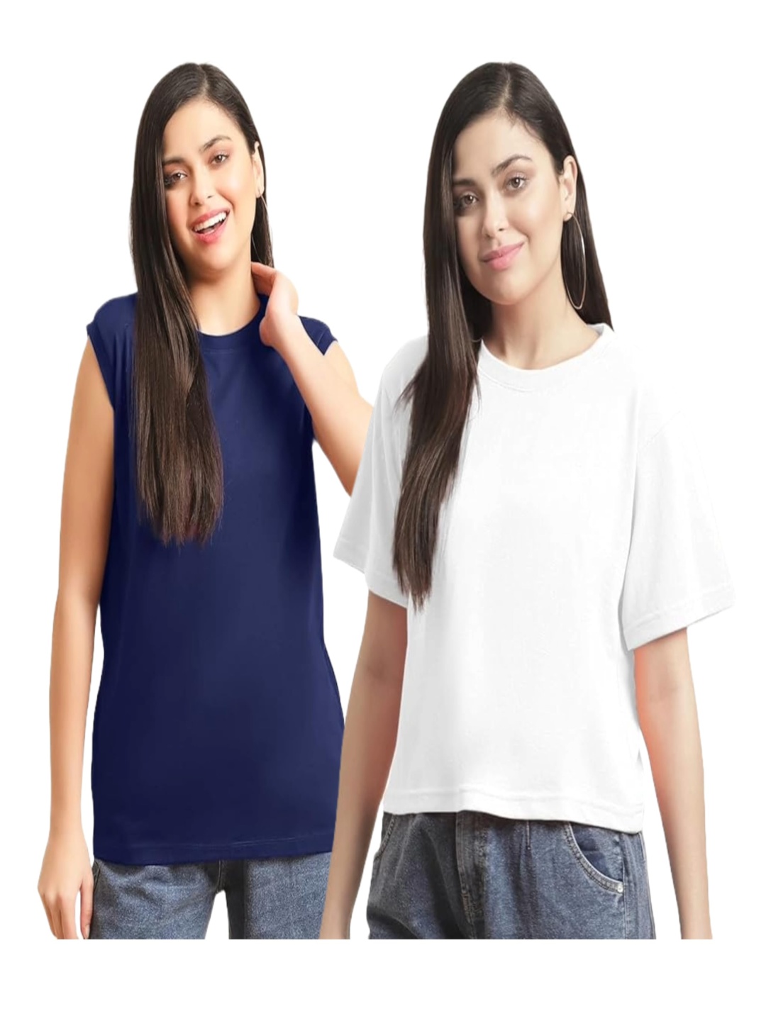 

NOTWILD Women Pack Of 2 Solid Round Neck Cotton Boxy T-shirts, Navy blue