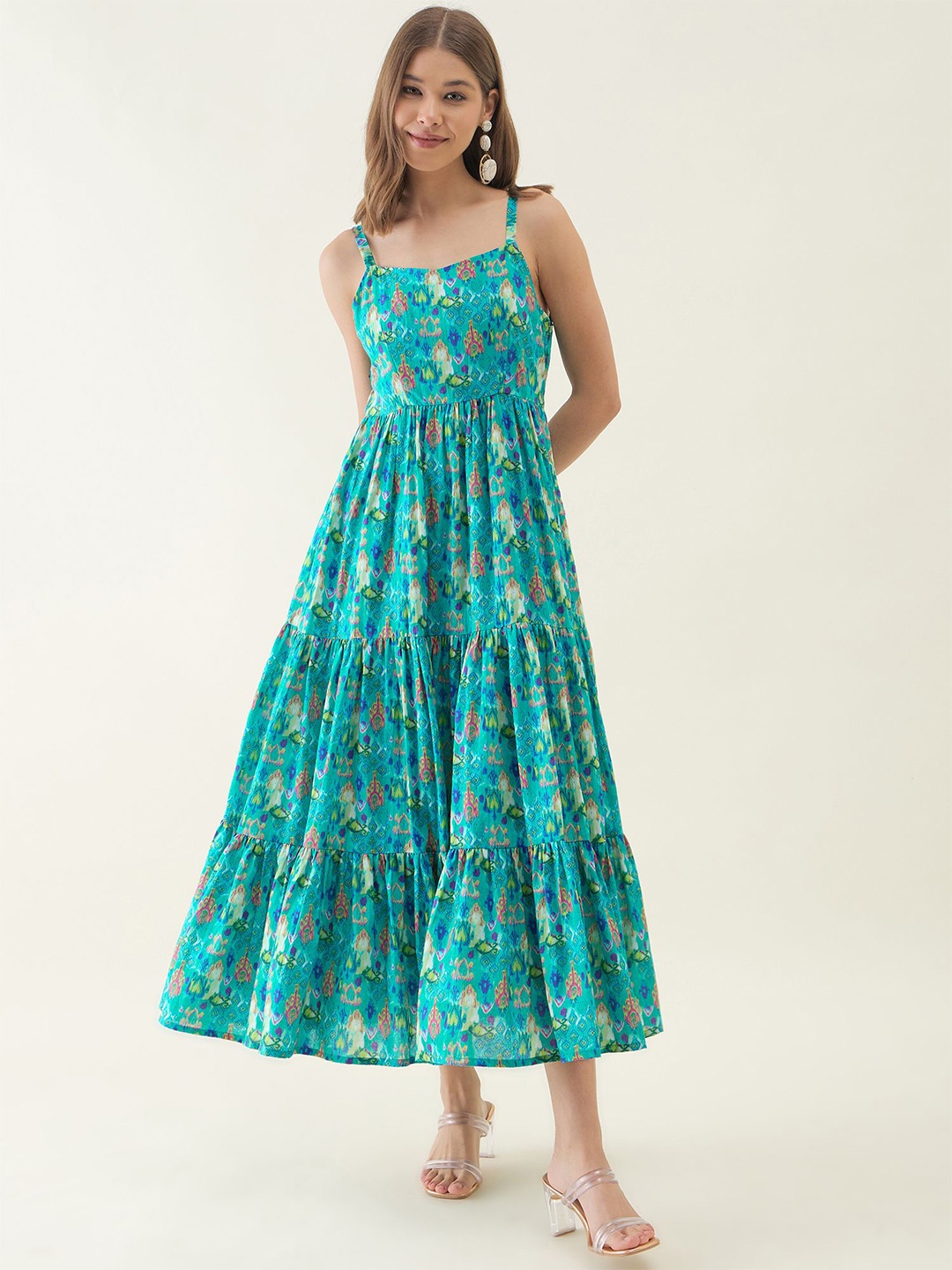 

OCTICS Women Floral Printed Shoulder Straps Fit & Flare Maxi Dress, Turquoise blue