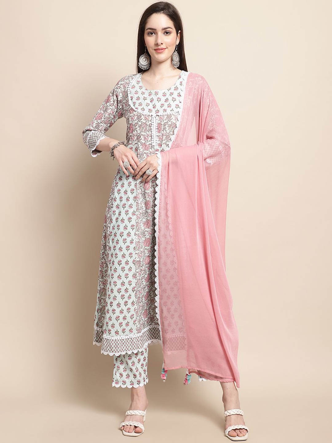 

Sangria White Floral Printed Pure Cotton A-Line Kurta With Trousers & Dupatta