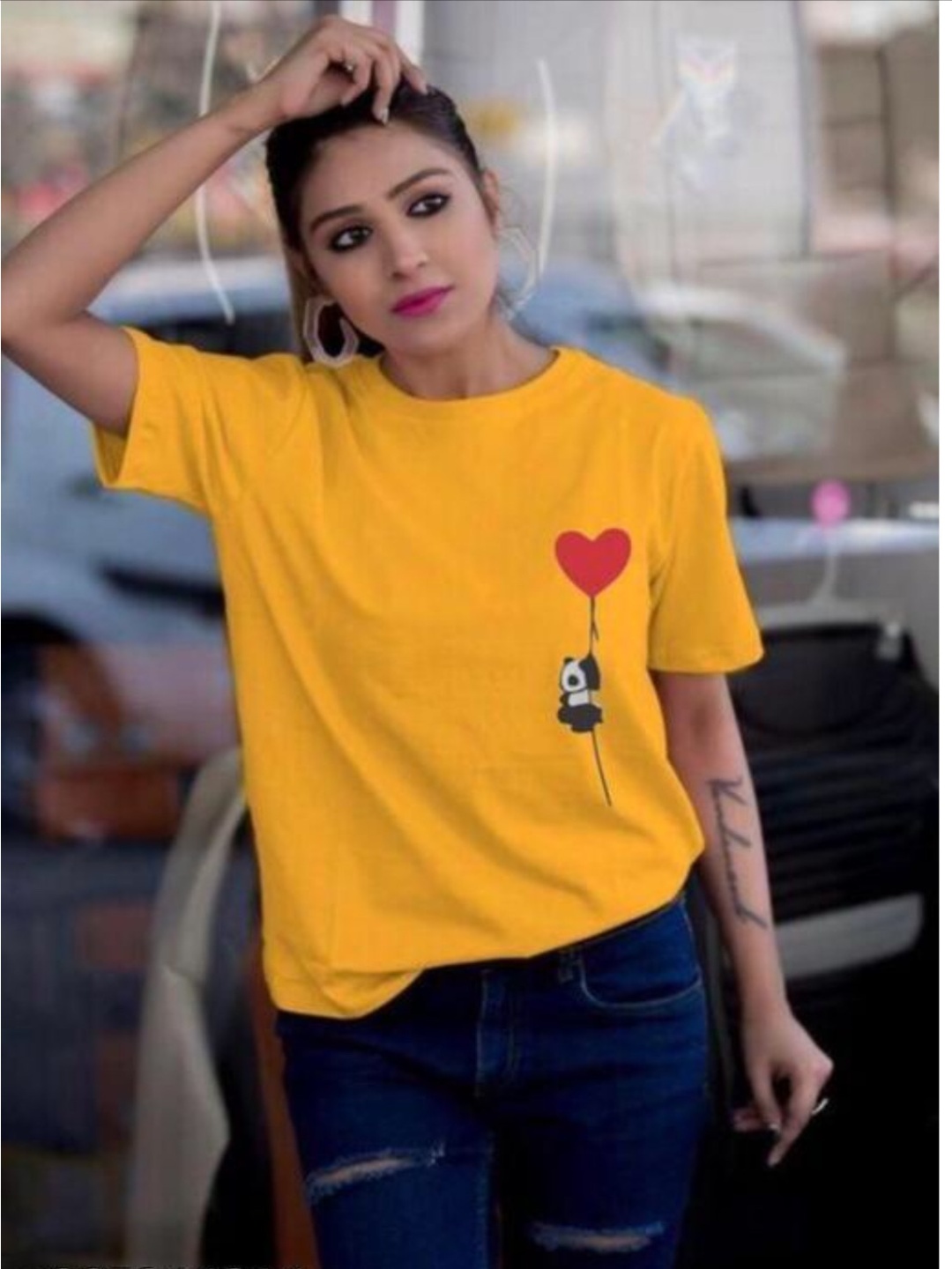 

DEEPMAYRA COLLECTION Women Printed Round Neck Cotton Tshirt, Mustard