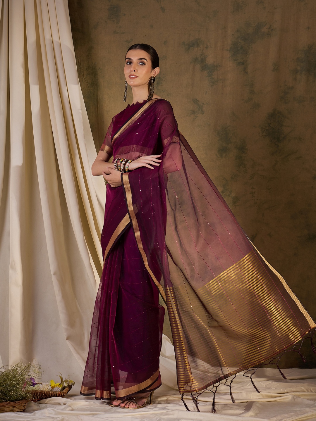 

KALINI Striped Zari Organza Saree, Purple