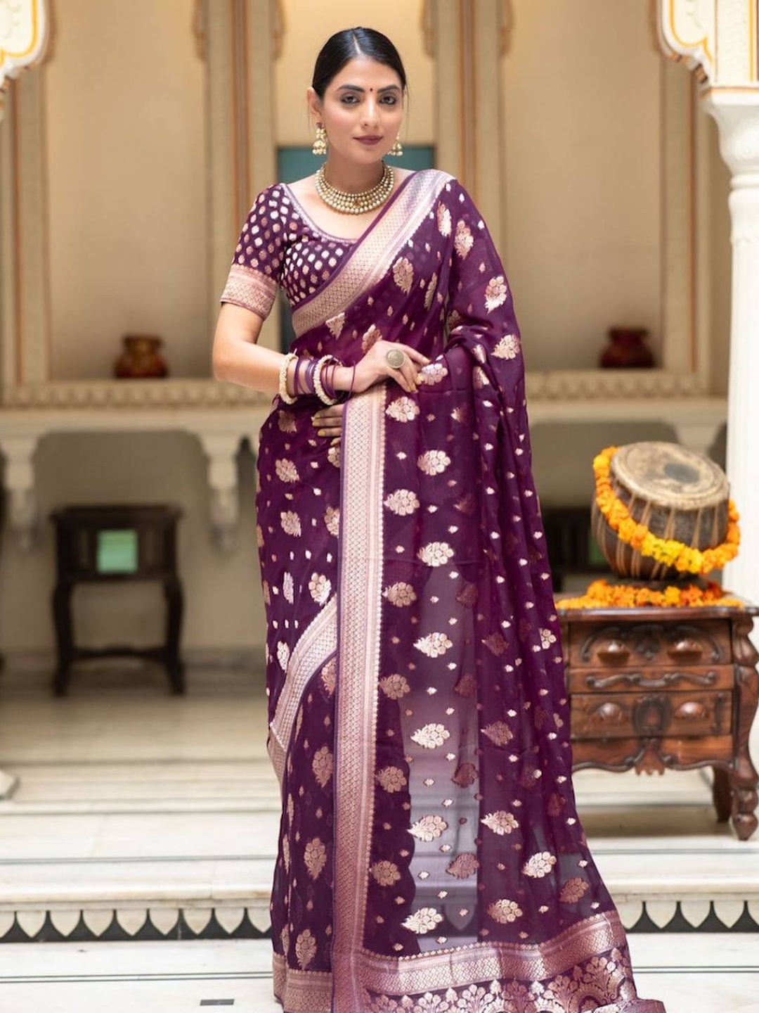 

Manu Designer Ethnic Motifs Woven Design Zari Saree, Purple