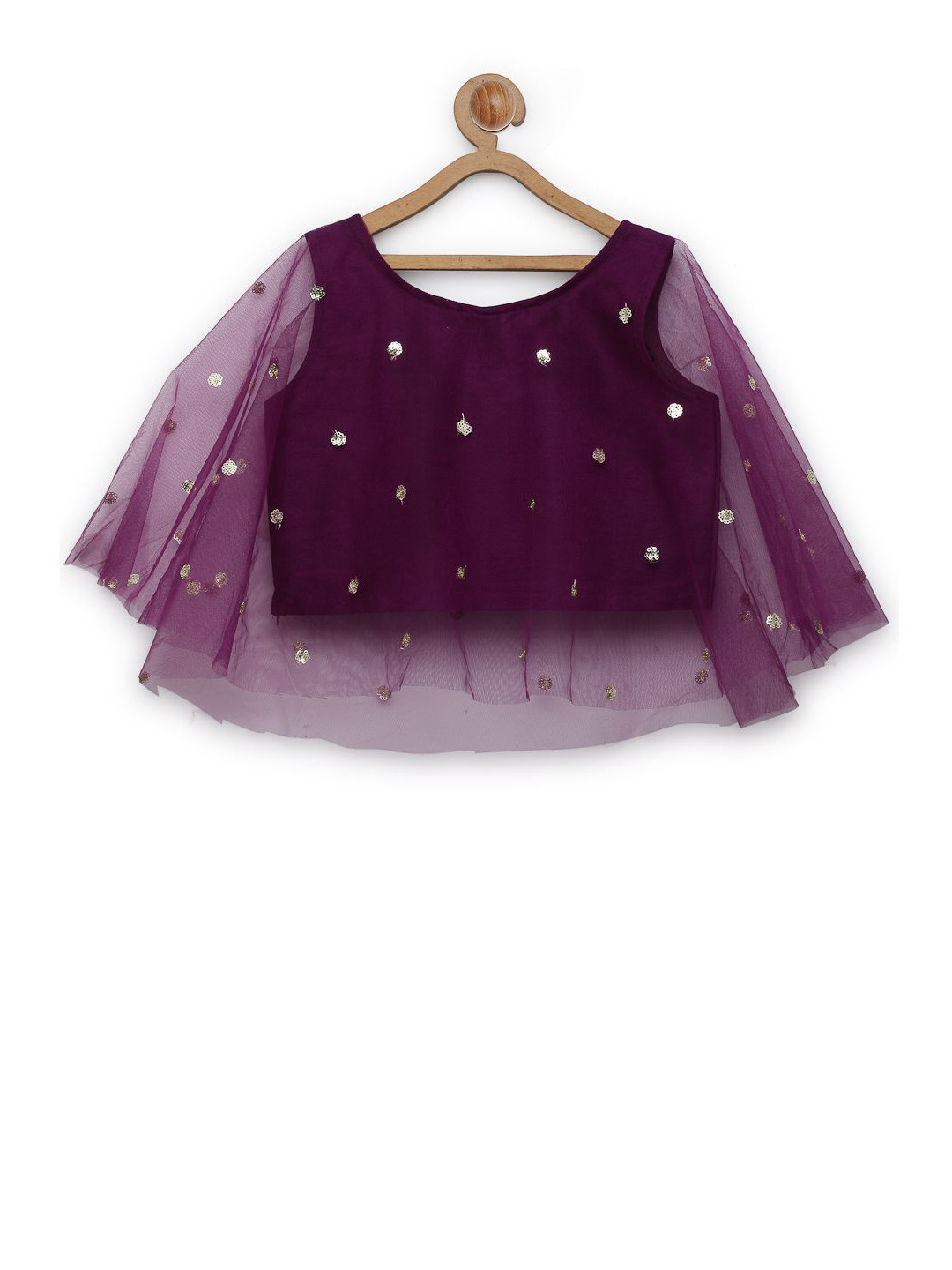 

studio rasa Girls Embellished Embroidered Cape Sleeve Net Crop Top, Purple