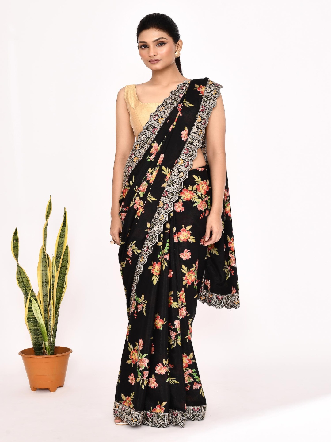 

Manu Designer Floral Printed Embroidered Saree, Black