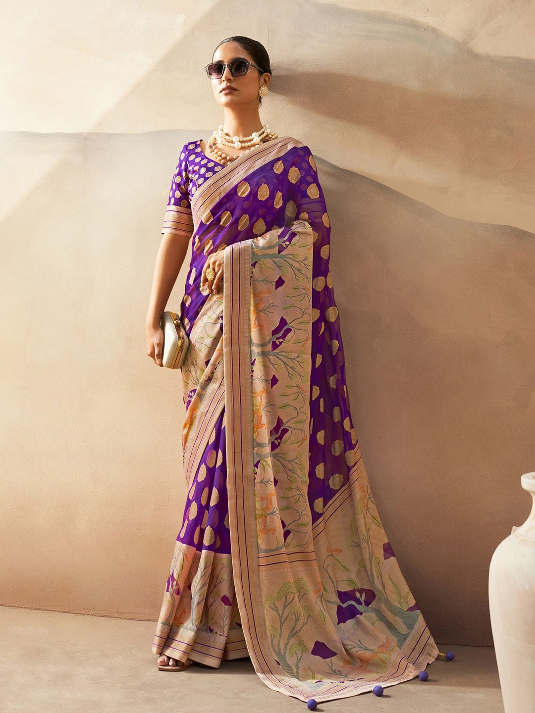 

elora Woven Design Zari Pure Georgette Saree, Violet