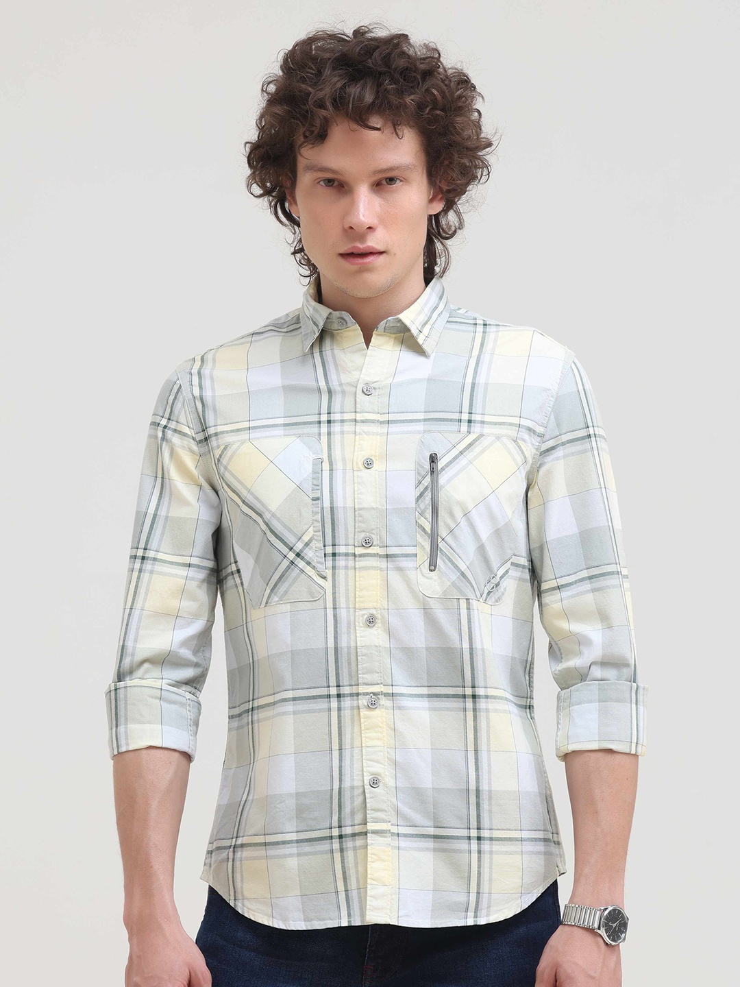 

Grit and Flair Men Comfort Fit Spread Collar Tartan Checked Cotton Casual Shirt, White