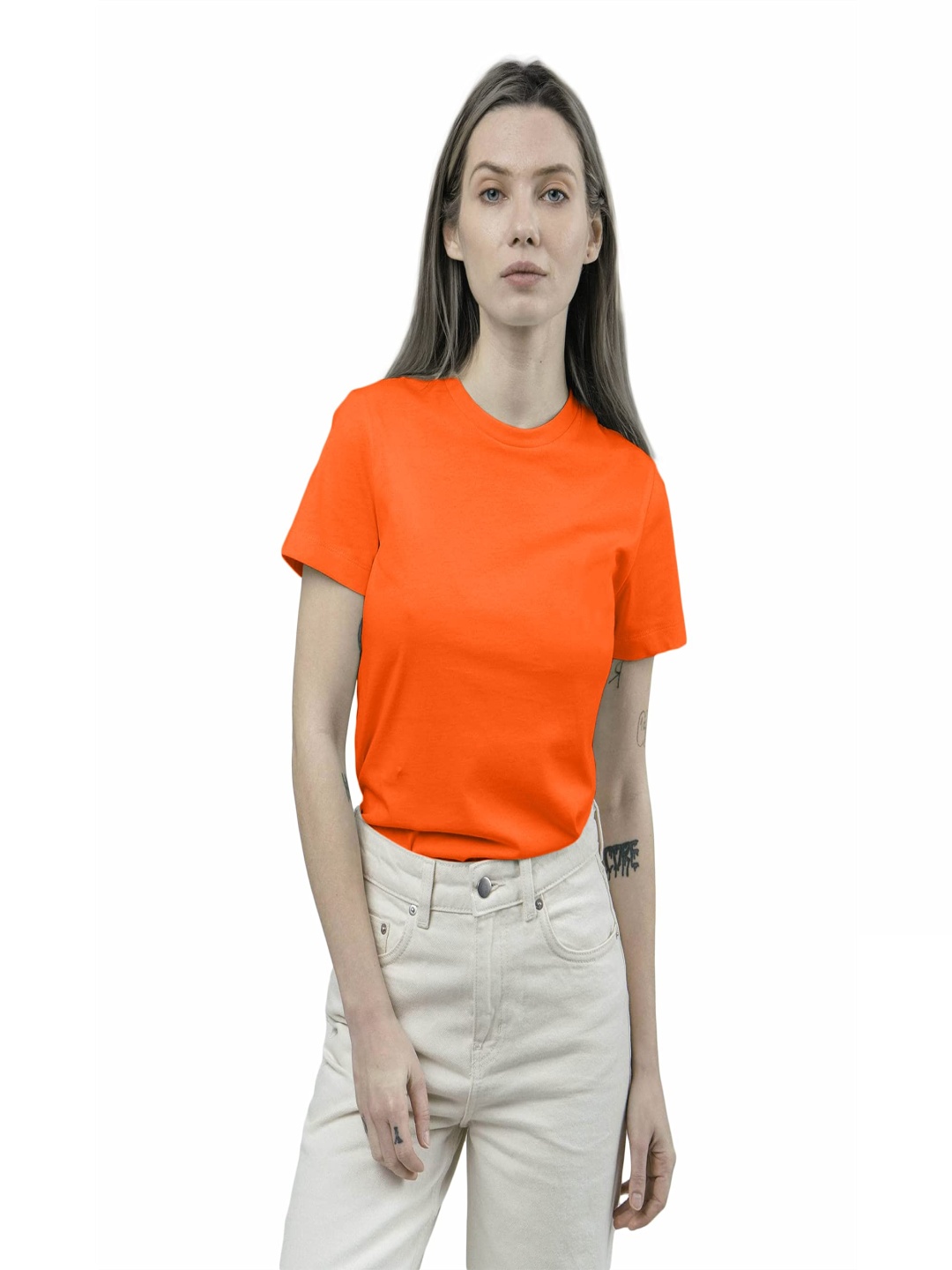 

NOTWILD Women Solid Round Neck Cotton T-shirt, Orange