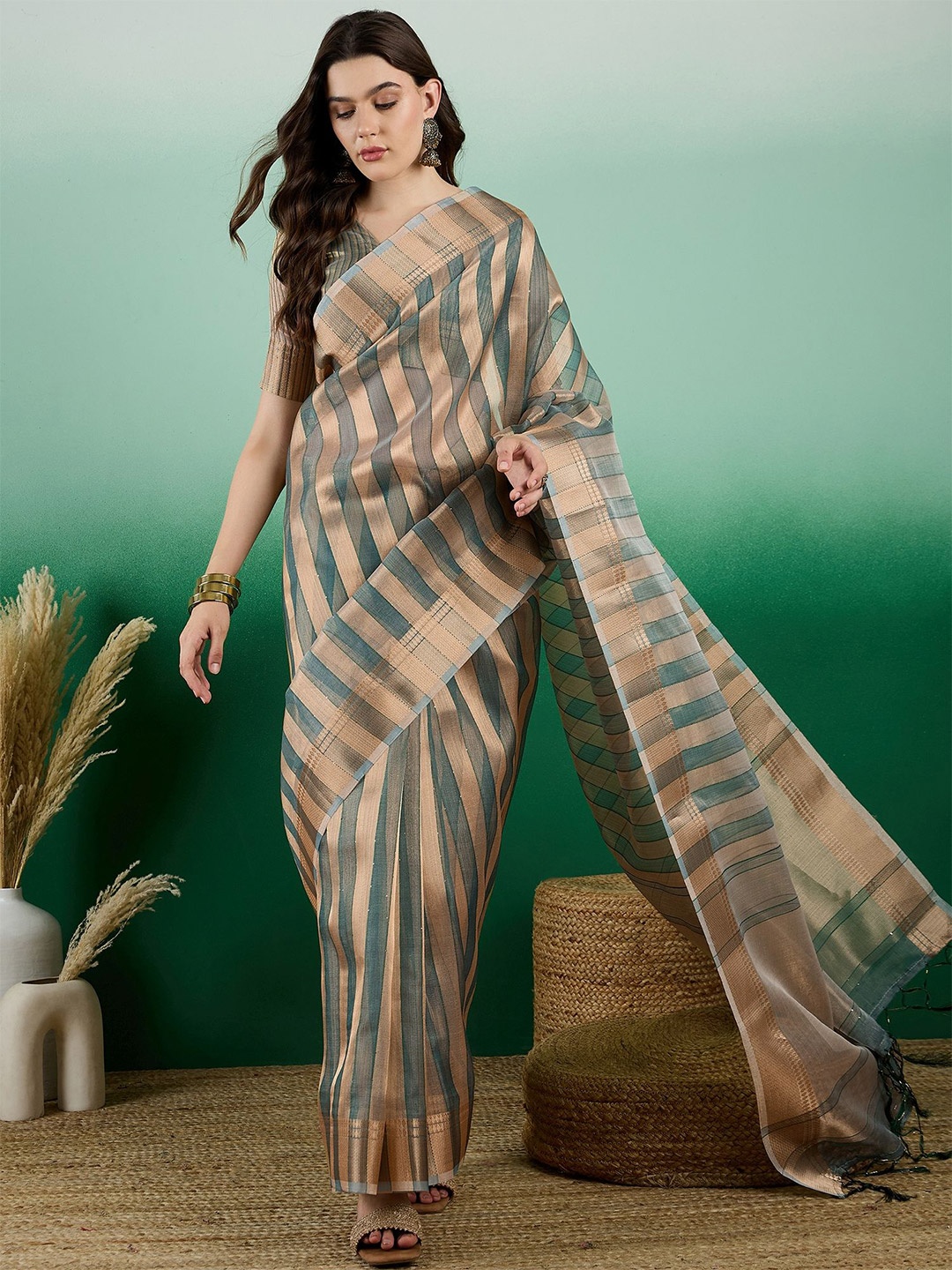 

KIMISHA Striped Printed Sequinned Banarasi Saree, Green