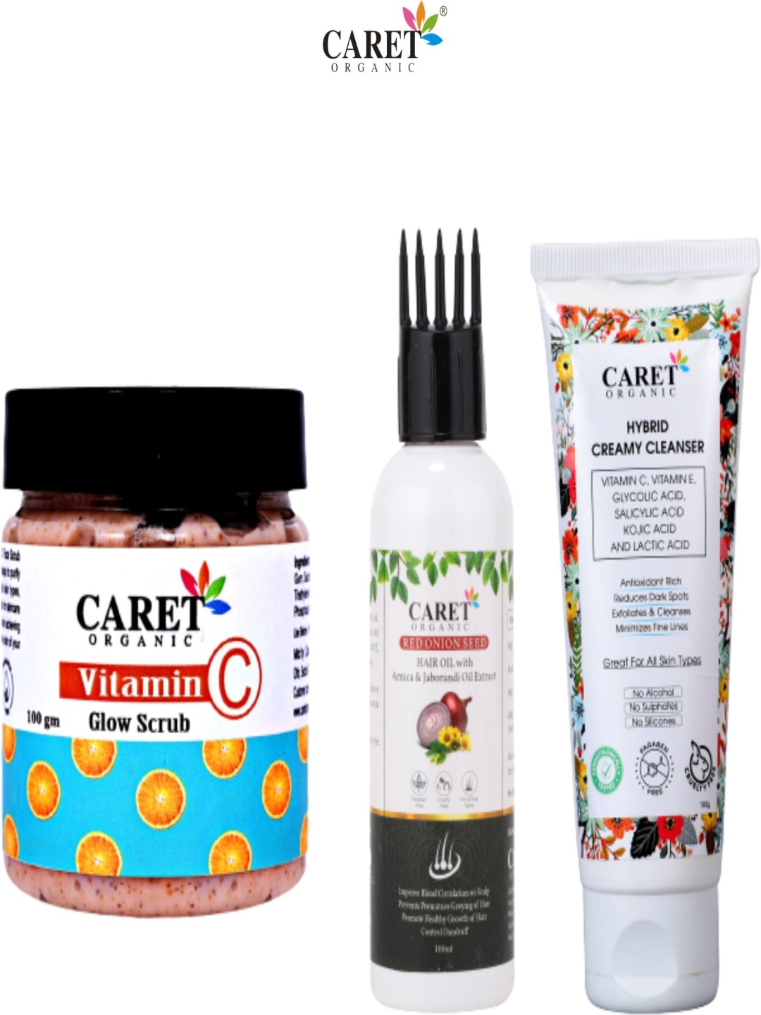 

CARET ORGANIC Set Of 3 Hybrid Cleanser, Vitamin C Glow Scrub & Red Onion Oil - 100 g Each, Multi