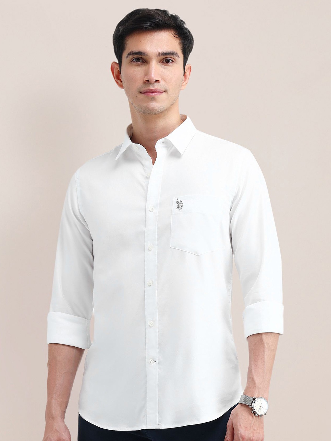 

U.S. Polo Assn. Men Spread Collar Solid Cotton Casual Shirt, White