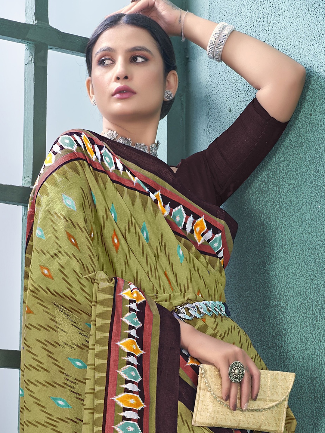 

HERE&NOW Printed Pure Cotton Ikat Saree, Green
