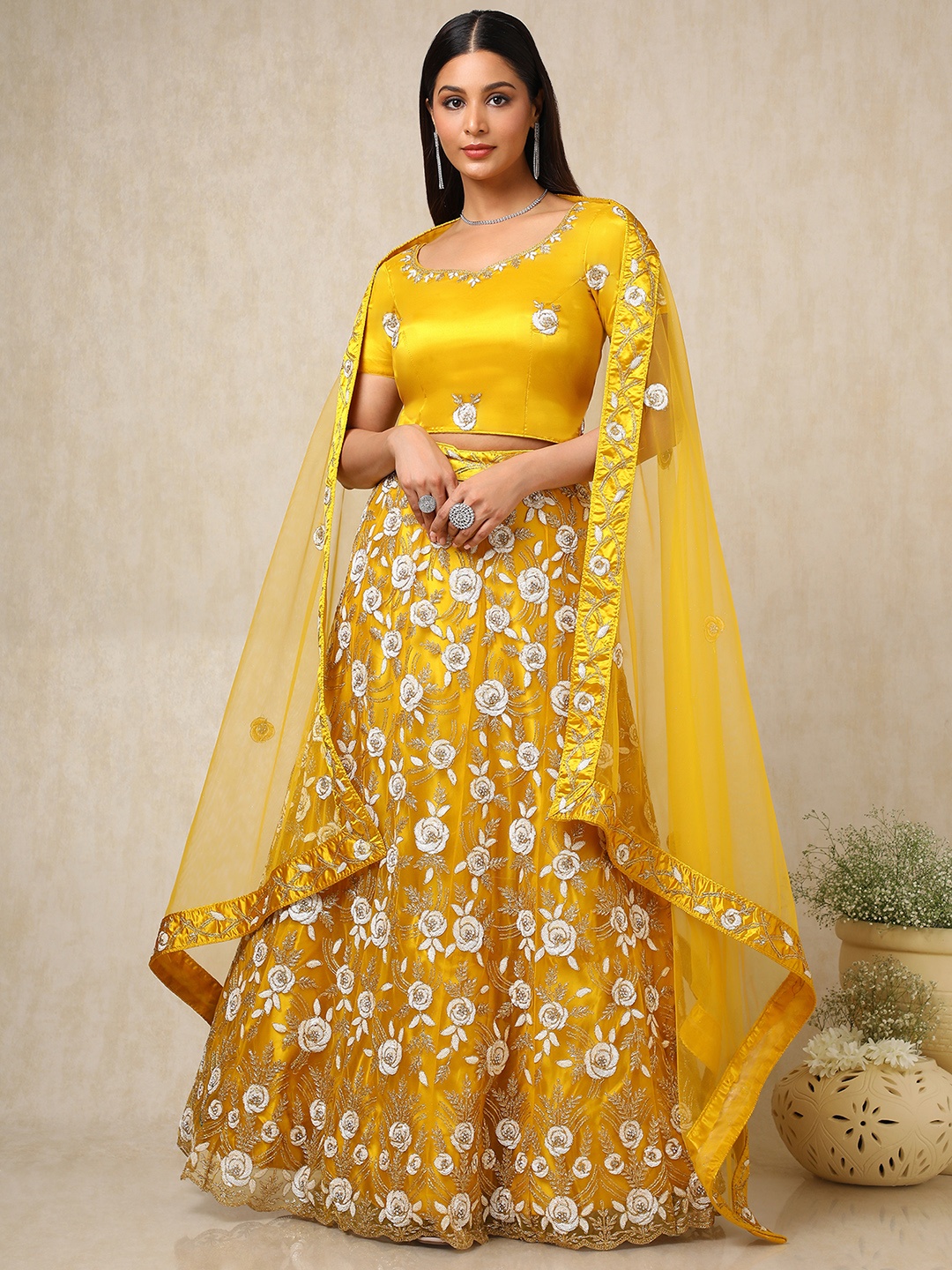 

Soch Embellished Beads and Stones Unstitched Lehenga & Blouse With Dupatta, Mustard