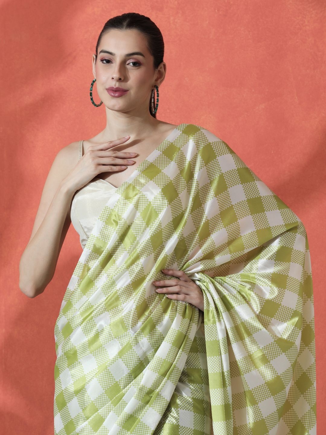 

Sangria Checked Beads and Stones Ready to Wear Satin Saree, Green