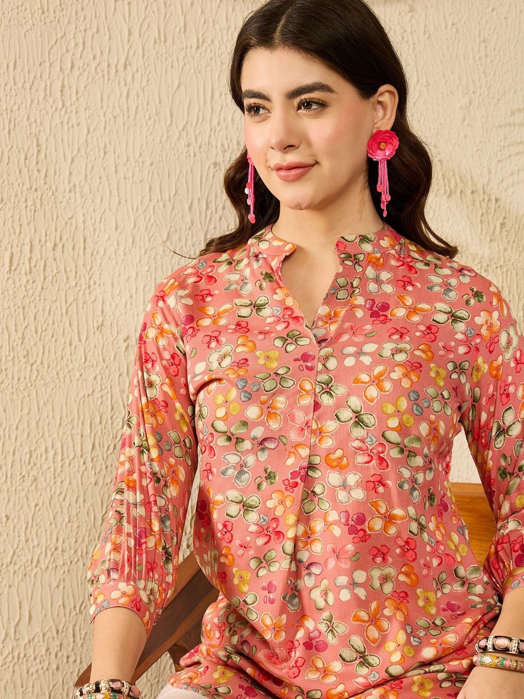 

KALINI Women Floral Printed Mandarin Collar Top, Pink