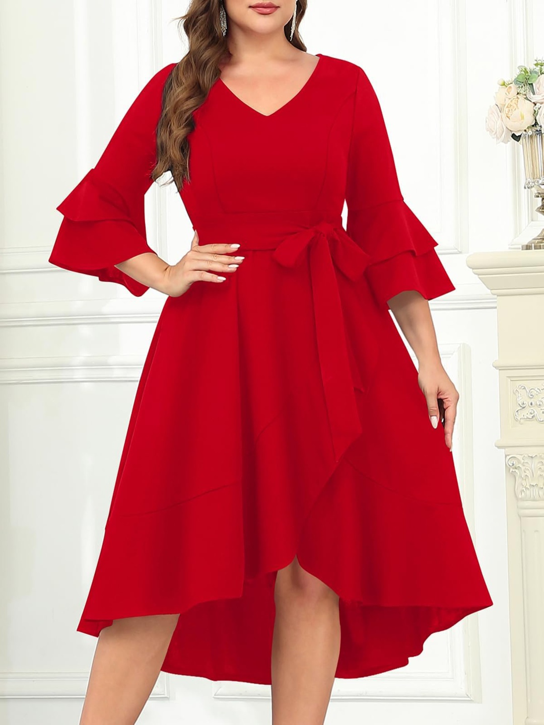 

C4D Plus Size Bell Sleeve High-Low Split Fit & Flare Midi Dress, Red