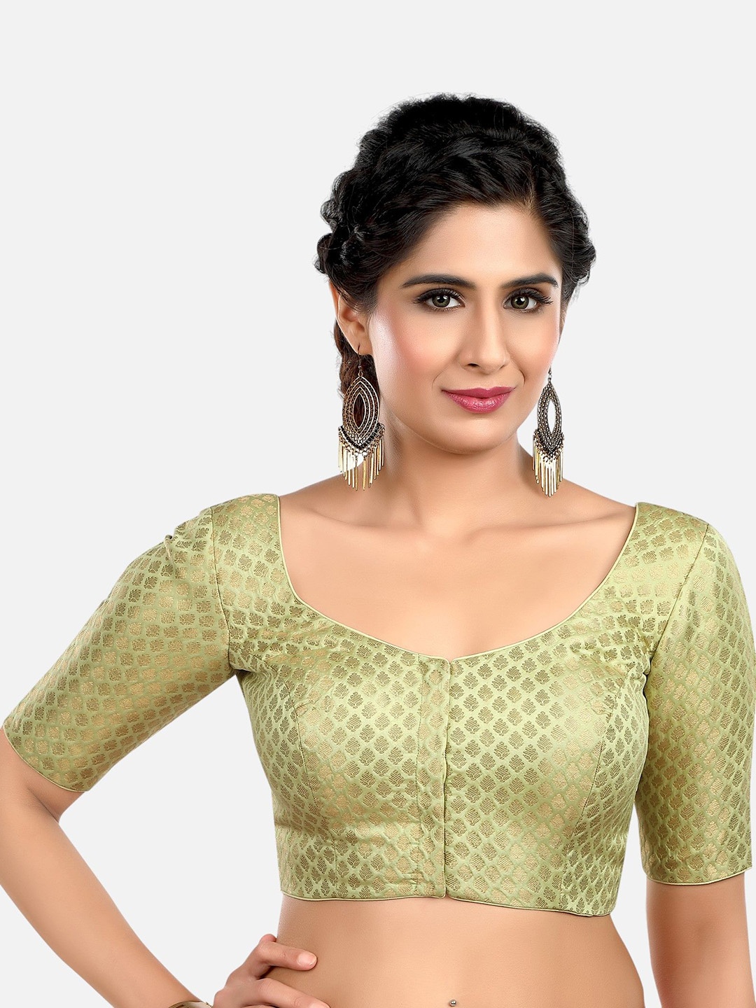 

neckbook Women Woven Design Round Neck Saree Blouse, Green