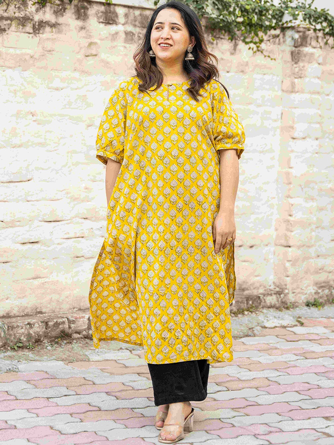 

inkara Plus Size Ethnic Motifs Printed Keyhole Neck Straight Pure Cotton Kurta, Yellow