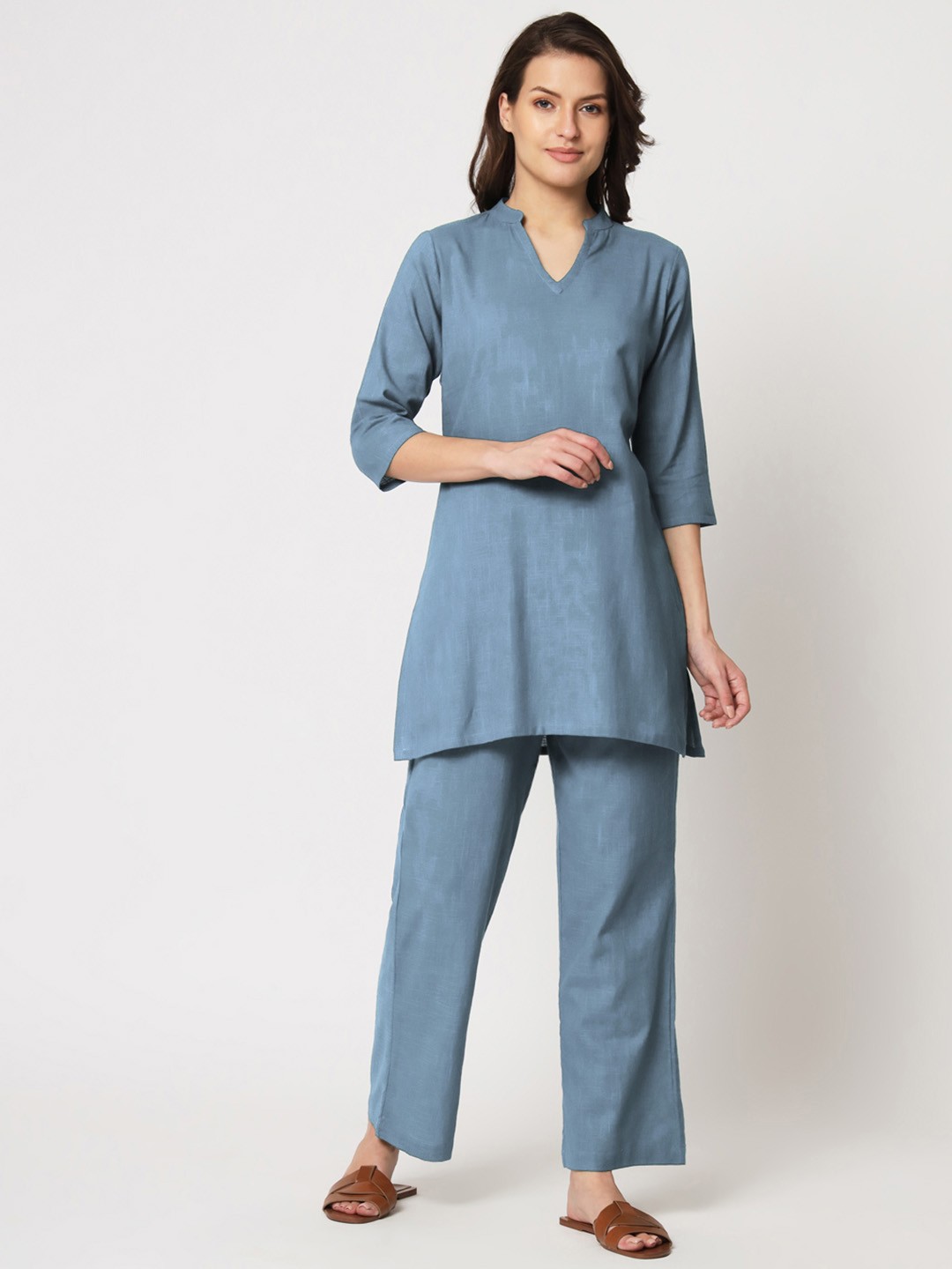 

Thevasa Mandarin Collar Pure Cotton Straight Tunic And Trouser, Blue
