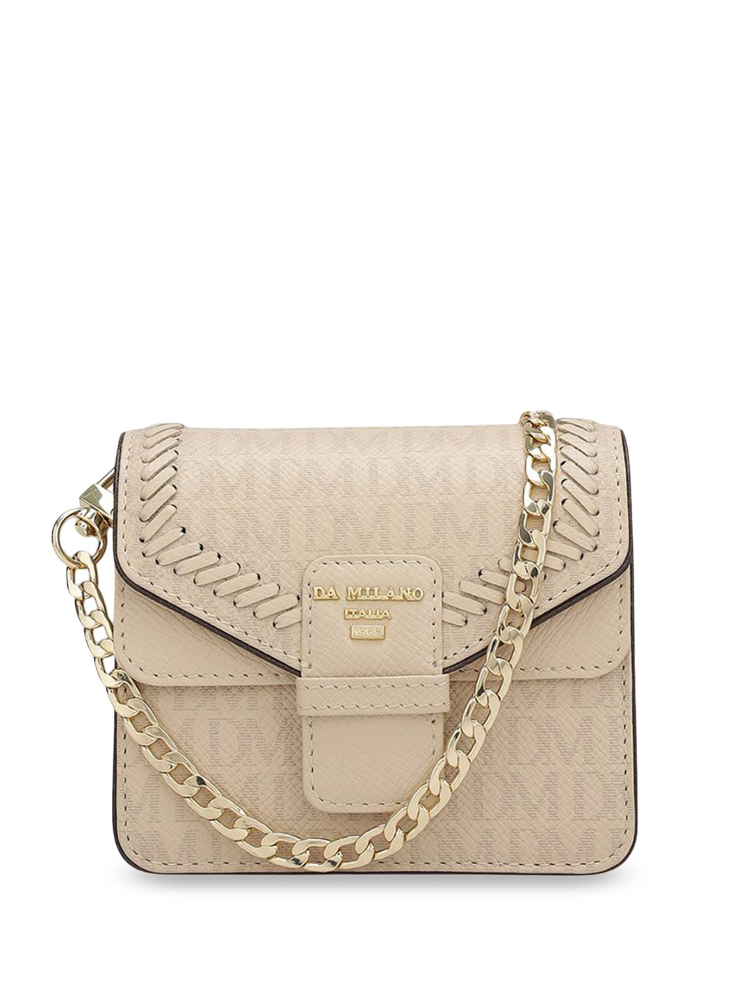 

Da Milano Women Typography Printed Structured Leather Sling Bag, Beige