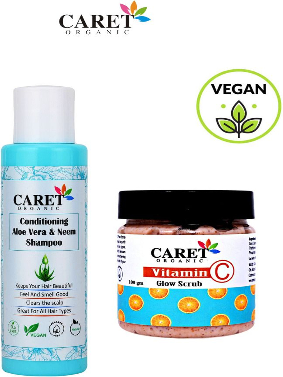 

CARET ORGANIC Set Of 2 Neem Aloe Vera Shampoo & Vitamin C Glow Scrub - 100 g Each, White