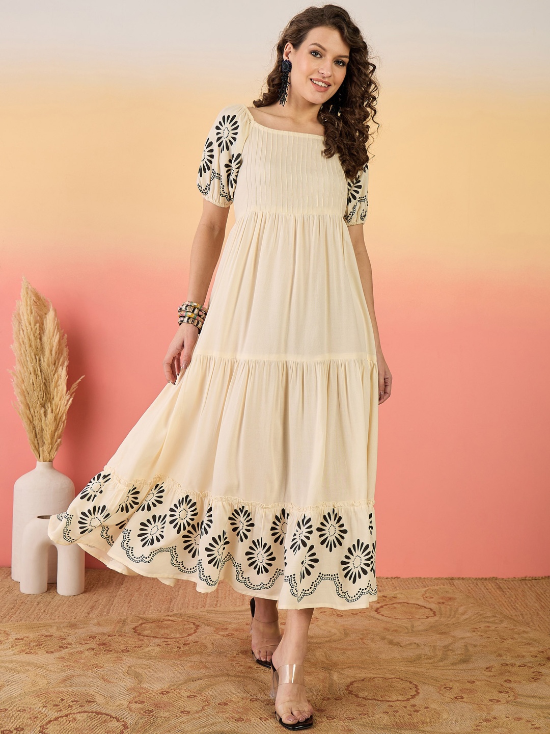 

Sangria Printed Fit & Flare Tiered Maxi Dress, Cream