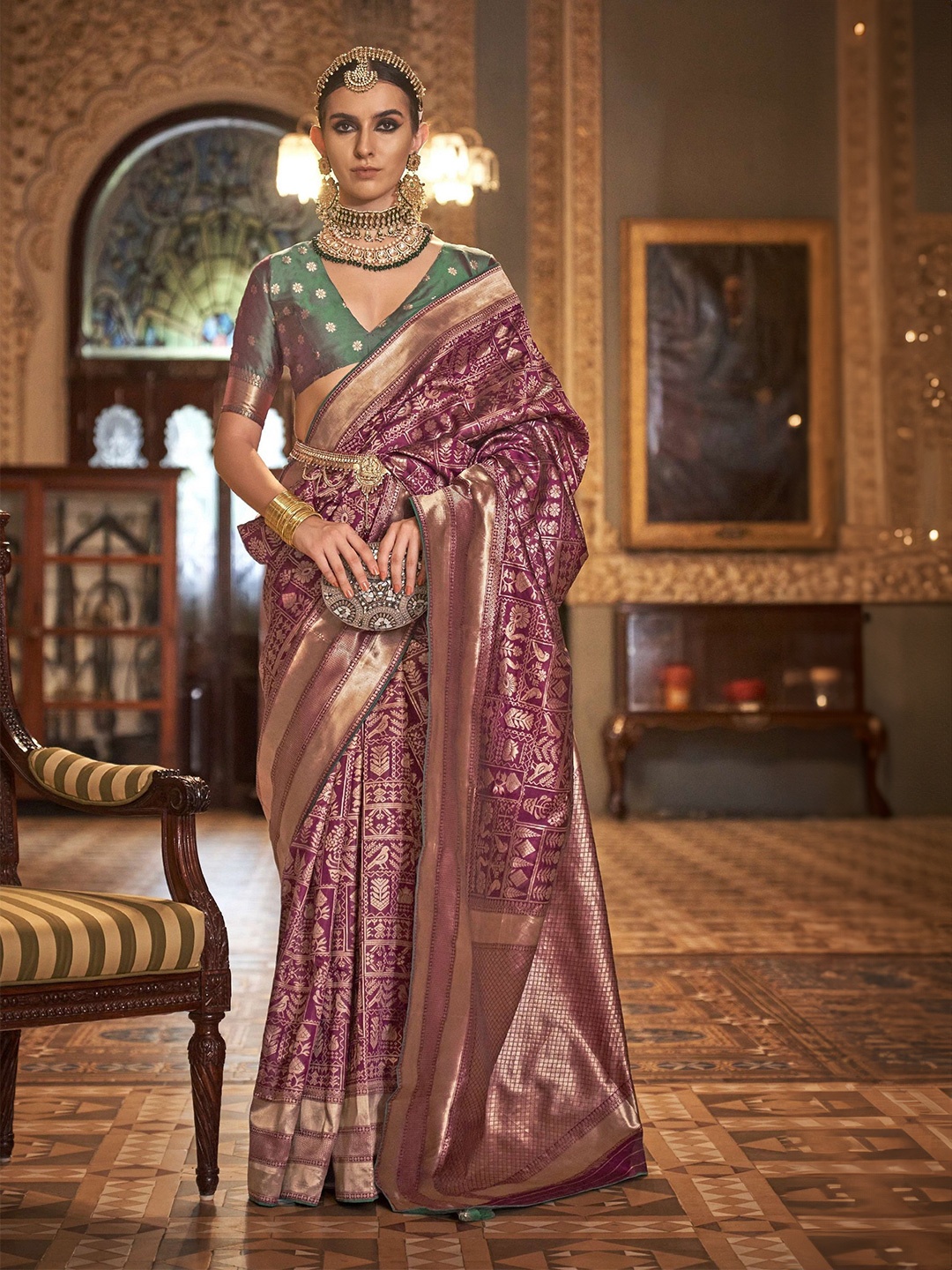 

MAHALASA Woven Design Zari Pure Silk Patola Saree, Purple