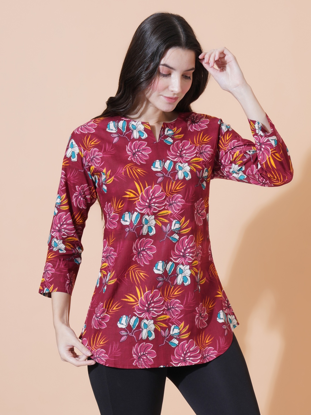 

GUDWEARS Women Floral Printed Cotton A-Line Top, Maroon