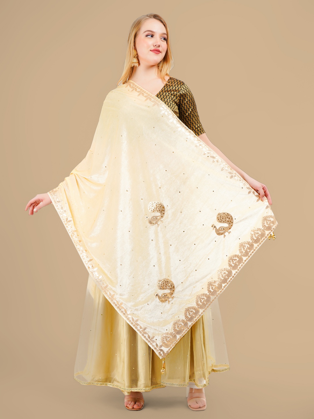 

Karthav Fashion Ethnic Motifs Embroidered Velvet Dupatta With Gotta Patti, Cream